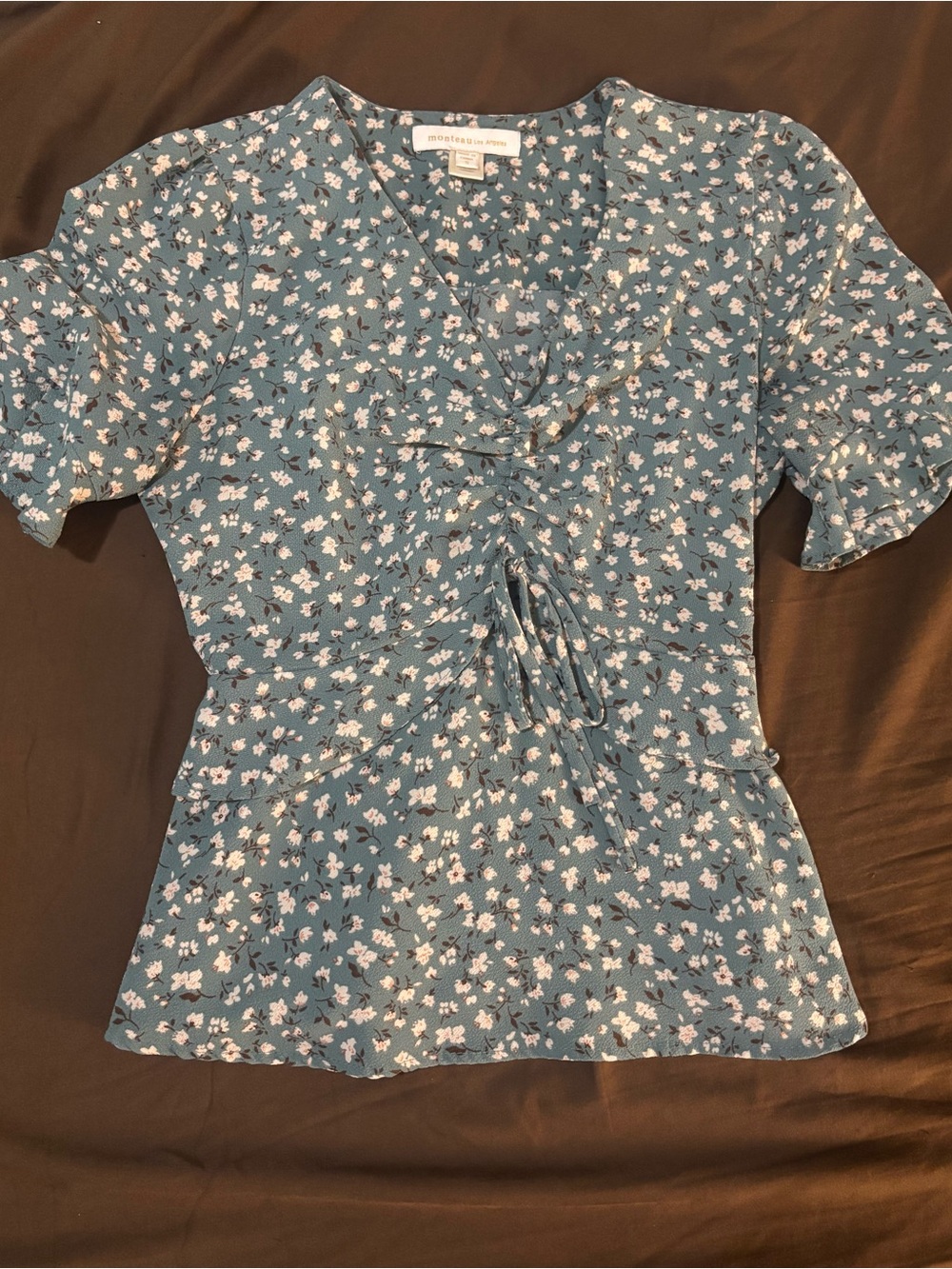 Madewell Dusty Blue Floral Tie-Front Blouse